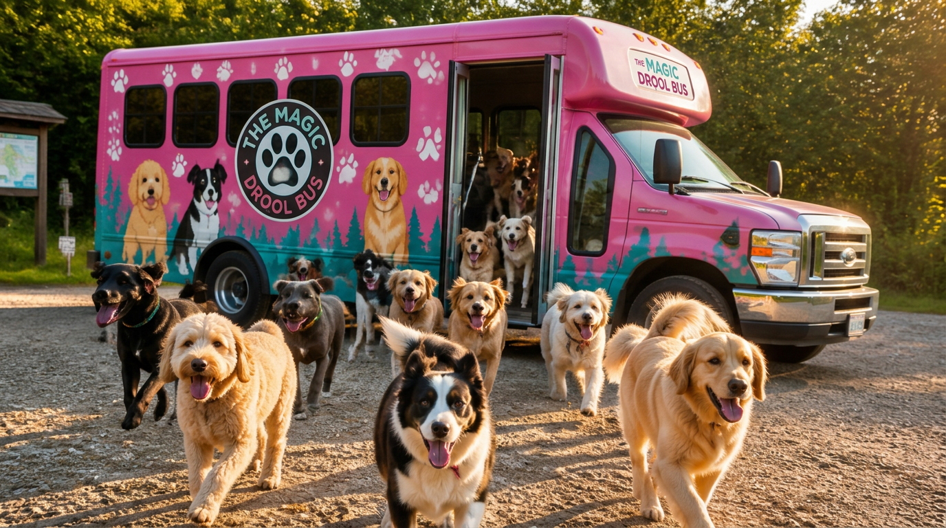 The Magic Drool Bus — a bright pink adventure van for dogs